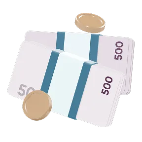 Пачка банківських банкнот і монети