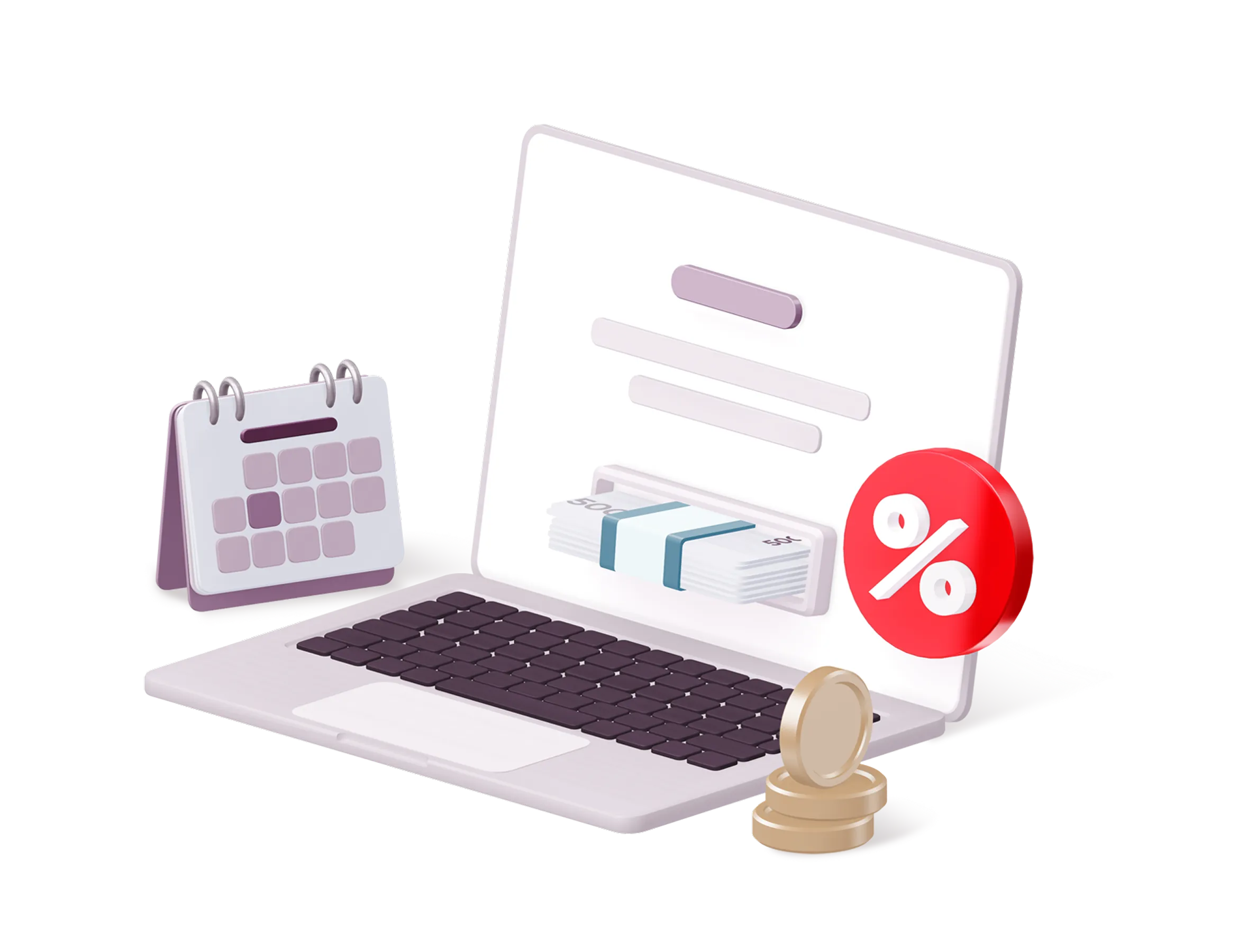 Ноутбук, на екрані якого відображається лого застосунку "ПУМБ Бізнес", зелений щит з символом чекмарк, календар, калькулятор та стос монет