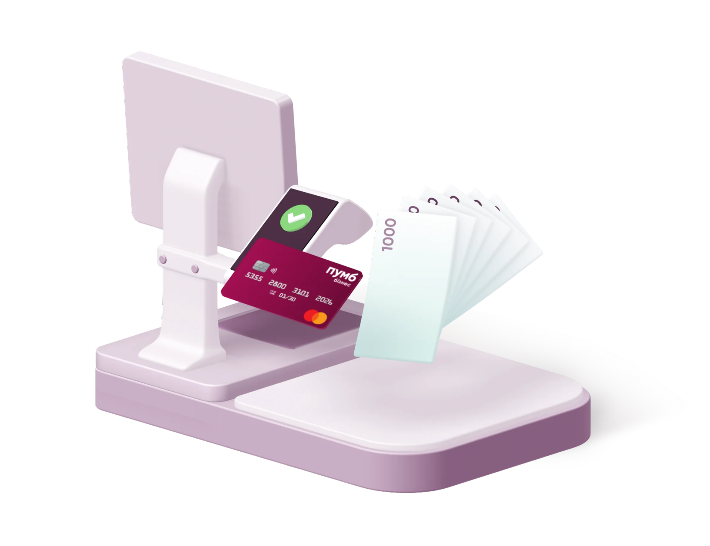 POS-термінал з прикладеною карткою Mastercard від ПУМБ Бізнес та стопка розгорнутих віялом банкнот, розміщених на касовому апараті