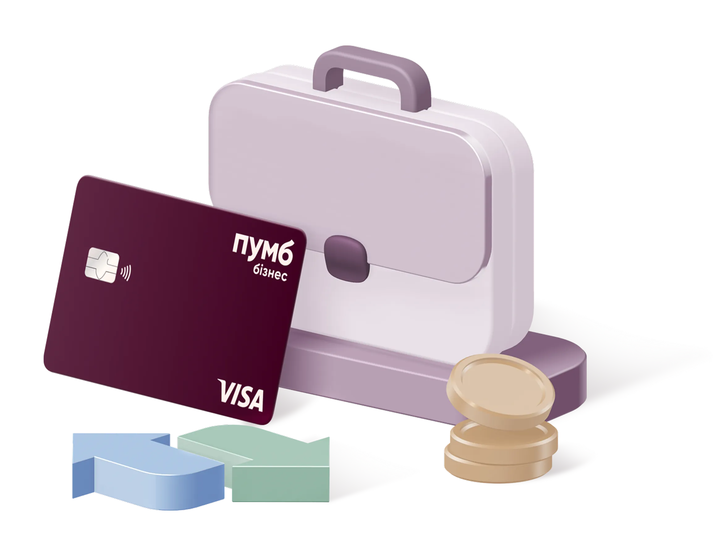 Бізнес-кейс із банківською карткою ПУМБ Бізнес, монетами та графіками зростання